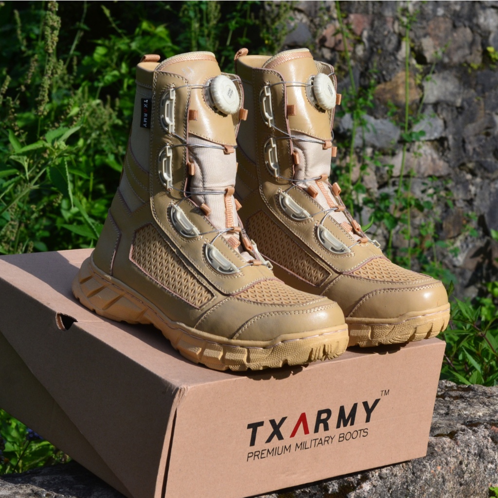 Sepatu Boots PDL TNI POLRI BRIMOB Tali Putar Sarang tawon Cream / Gurun TXARMY
