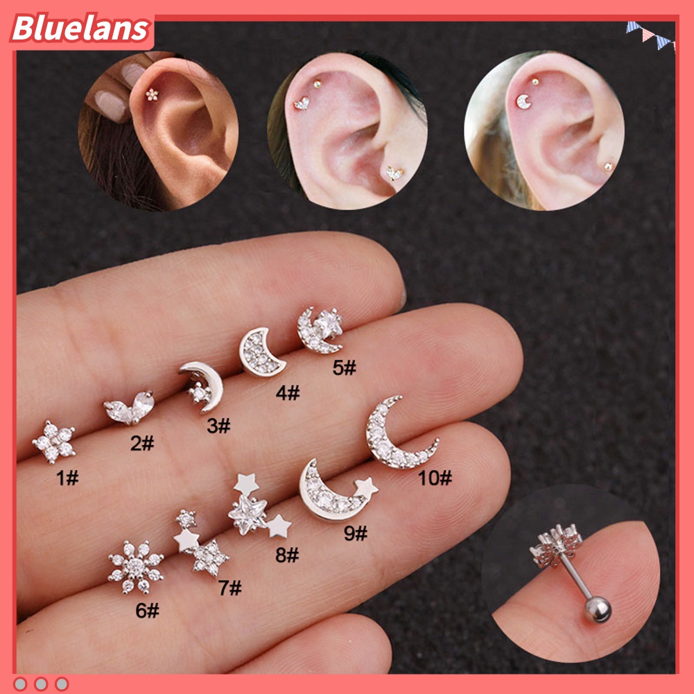 1pc Anting Stud Cubic Zirconia Inlaid Bentuk Bunga Bintang Bulan Untuk Wanita