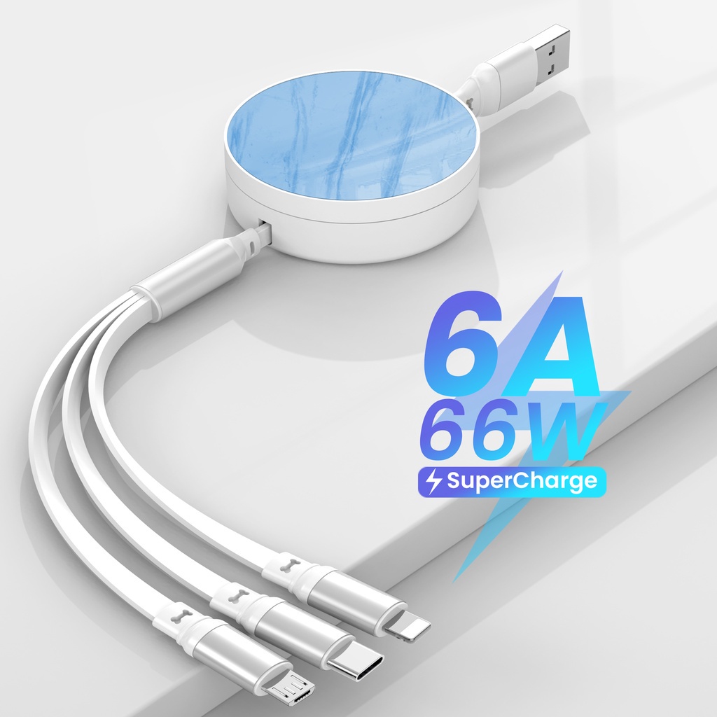 3in1 Kabel Charger USB Tipe C 66W 6A Fast Charging Retractable Portable Untuk Iphone 14 13