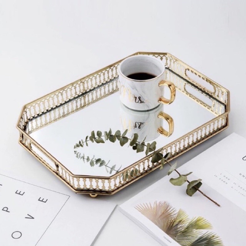 Nampan Dekorasi Home Tray Ekslusif Mirror Gold Baki Mewah Aksesoris Luxury Kaca
