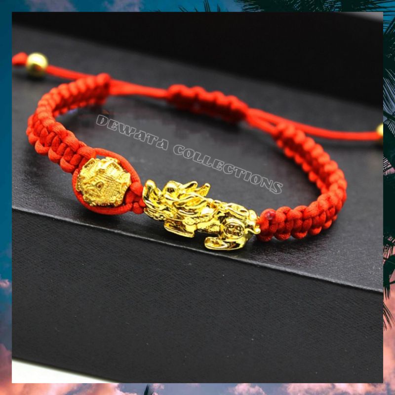 Gelang Keberuntungan Tali Merah Charm Naga Dan Bola Lapis Emas 18K