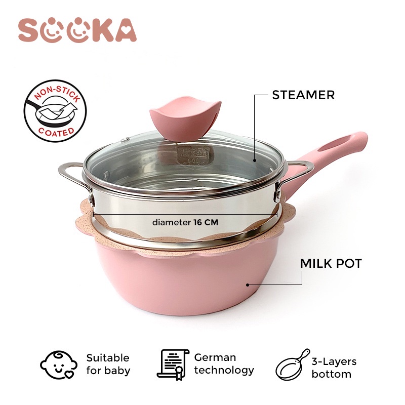[Free Spons] SOOKA Panci Set Bayi Isi 5 Pcs Sakura Flower Pan Cookware Set Kukus Steamer Peralatan Dapur Mpasi Anak Baby Pan Health  SK-ECC1092