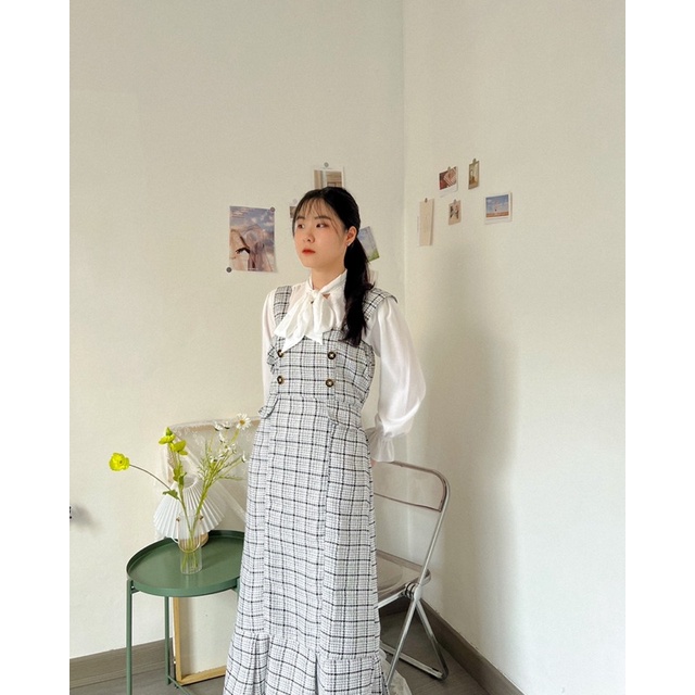 KANON - Hikari Tweed Set - Set kantor / kuliah bahan tweed maxi dress dan kemeja wanita hijab friendly