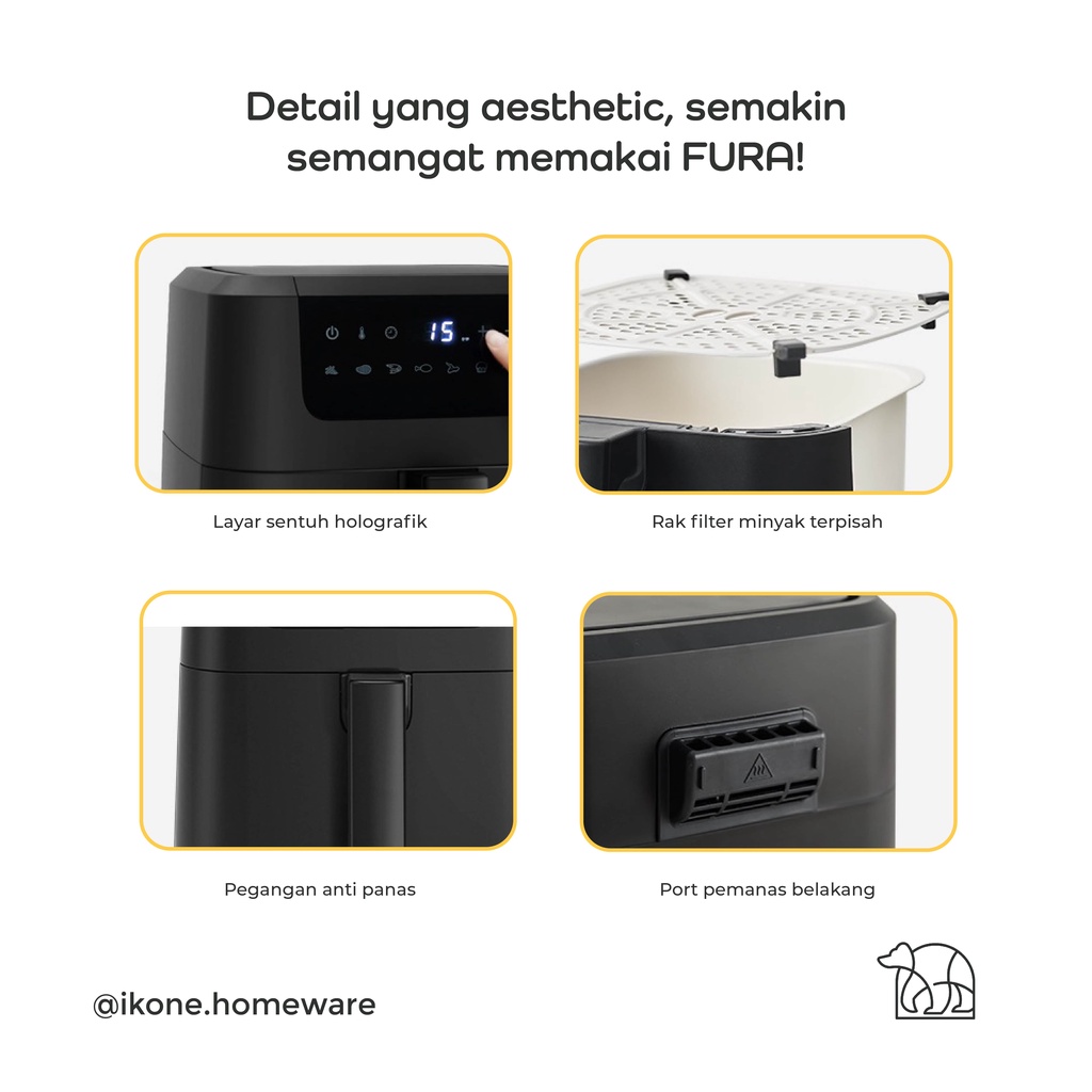 【IKONE】FURA OLAYKS Air Fryer 5L Low Power Low Watt Mesin Pengorengan Tanpa Minyak Anti Lengket Aesthetic Minimalist Modern Compact Digital Air Fryer Pelengkapan Dapur Alat Dapur Alat Masak Goreng Tanpa Minyak Perlengkapan Rumah Kitchen