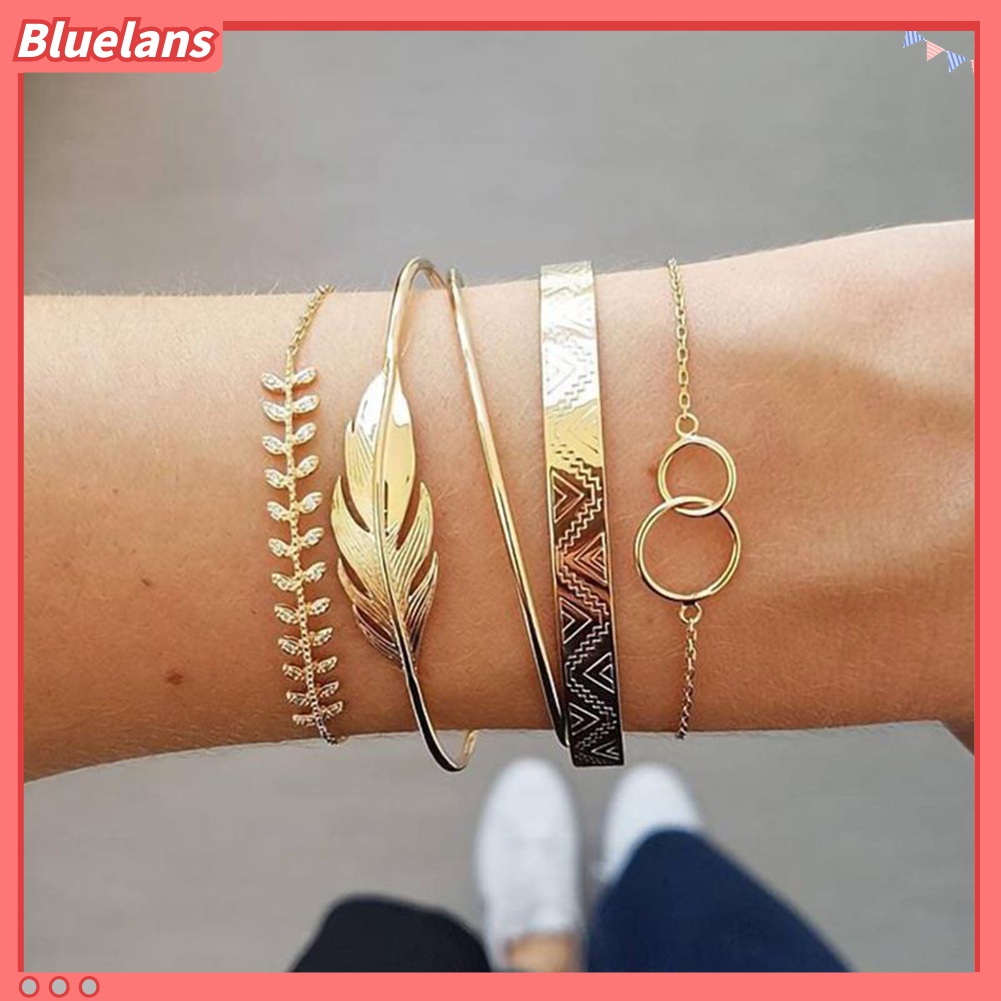 5pcs / Set Gelang Model Terbuka Desain Daun Aksen Berlian Imitasi Untuk Wanita
