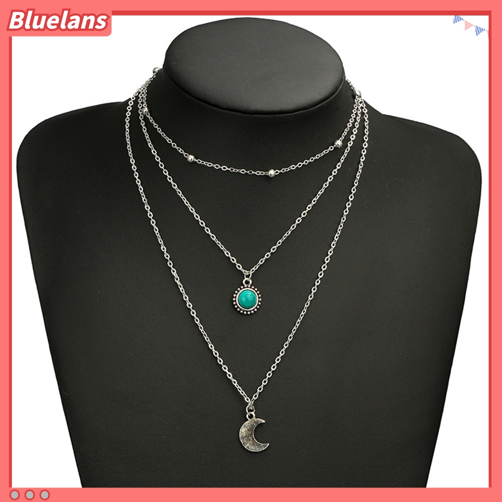 Bluelans Women Multilayer Crescent Moon Faux Turquoise Chain Pendant Necklace Jewelry