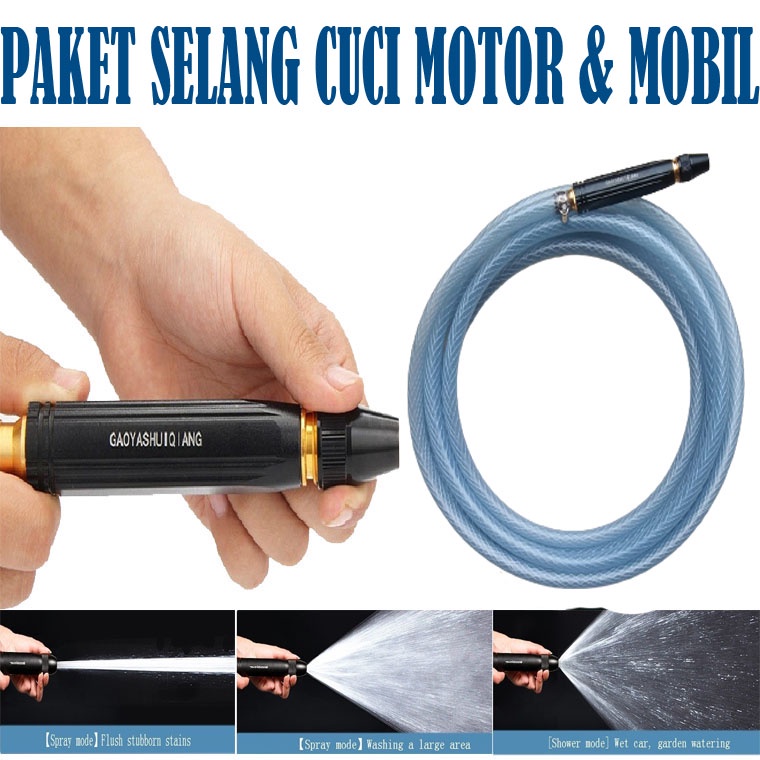 Paket Selang 5/8 Set Alat Cuci Motor Selang Air Serat Bening Semprotan Air Kuningan - Selang Semprotan Air Kuningan Cuci Motor