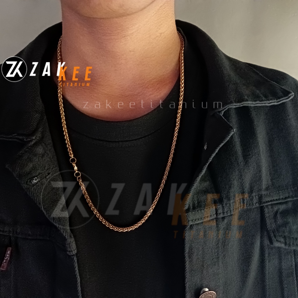 Kalung Pria Wanita Titanium Anti Karat Rantai Emas Gold Cowok Cewek Keren Rante Kepang Panjang 50cm dan 60cm