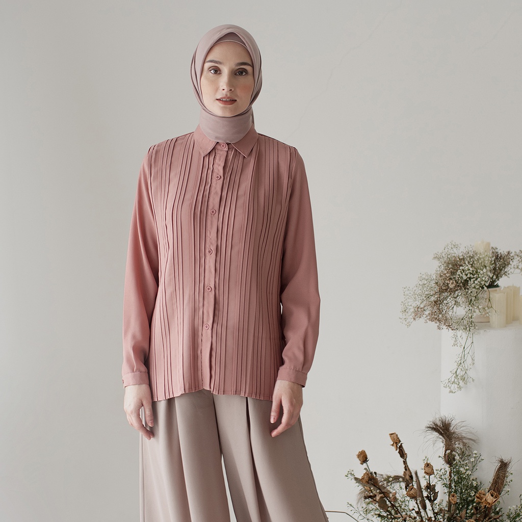 Kaluna by Aska Label - Atasan wanita kemeja plisket lengan panjang dengan manset warna abu taupe, pink mauve, hitam black