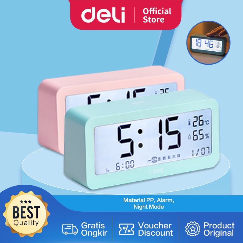 Deli Jam Alarm Digital Pink/Biru, Layar LCD, Tahan Terhadap Panas, Cahaya Belakang Sentuh 8826