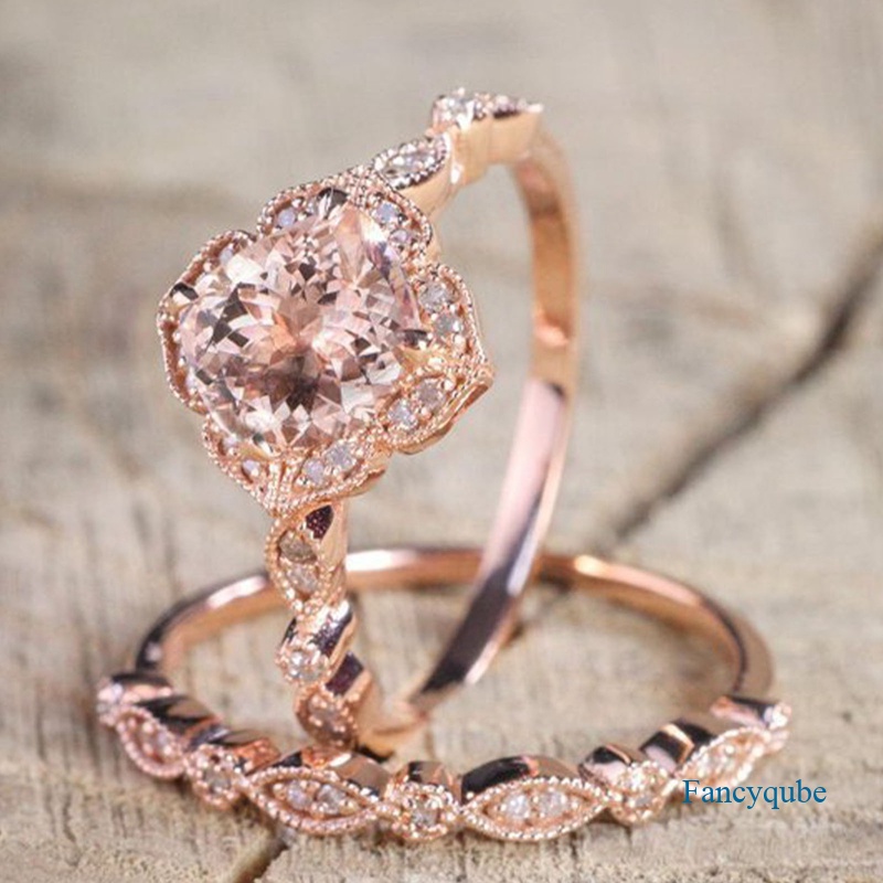 Fancyqube 2pcs / Set Cincin Zirkon Alami Warna Rose Gold Ukuran 6-10 Untuk Pengantin Wanita