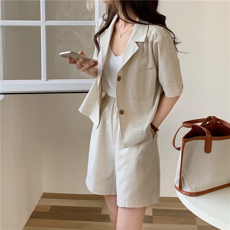 Linen Set Wanita/Korean Style Import Highwaist Kasual Pendek Celana Kulot/Lengan Pendek Blazer Crop Jaket/Set Baju Kekinian Wanita