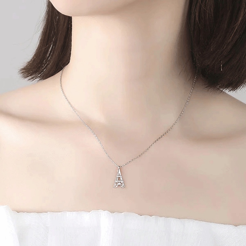 Fancyqube Kalung Rantai Dengan Liontin Bentuk Menara Eiffel Aksen Batu Kristal Warna Silver Untuk Wanita