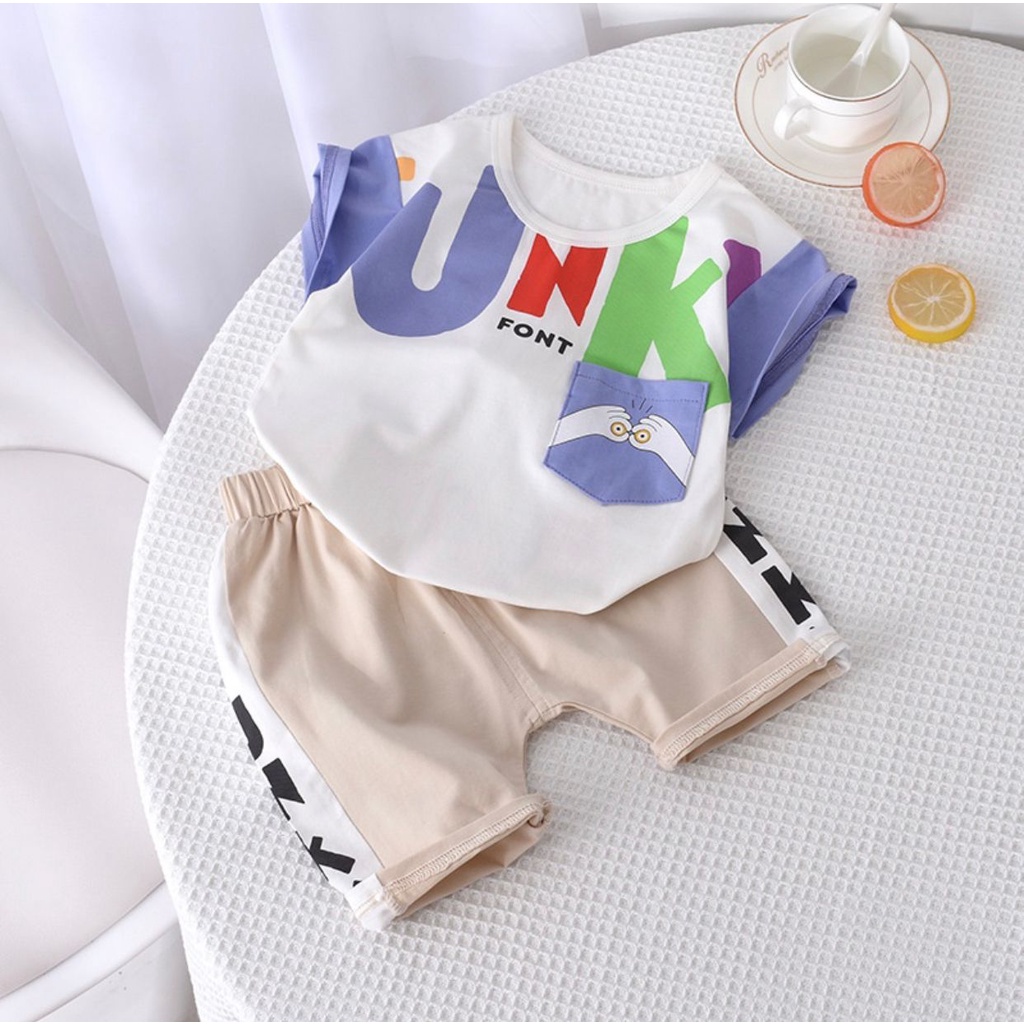 COD-SETELAN BAJU ANAK LAKI-LAKI DAN ANAK PEREMPUAN MUSIM PANAS SETELAN BAJU MOTIF FUNKYY ANAK LAKI-LAKI DAN PEREMPUAN UMUR 1-5 TAHUN