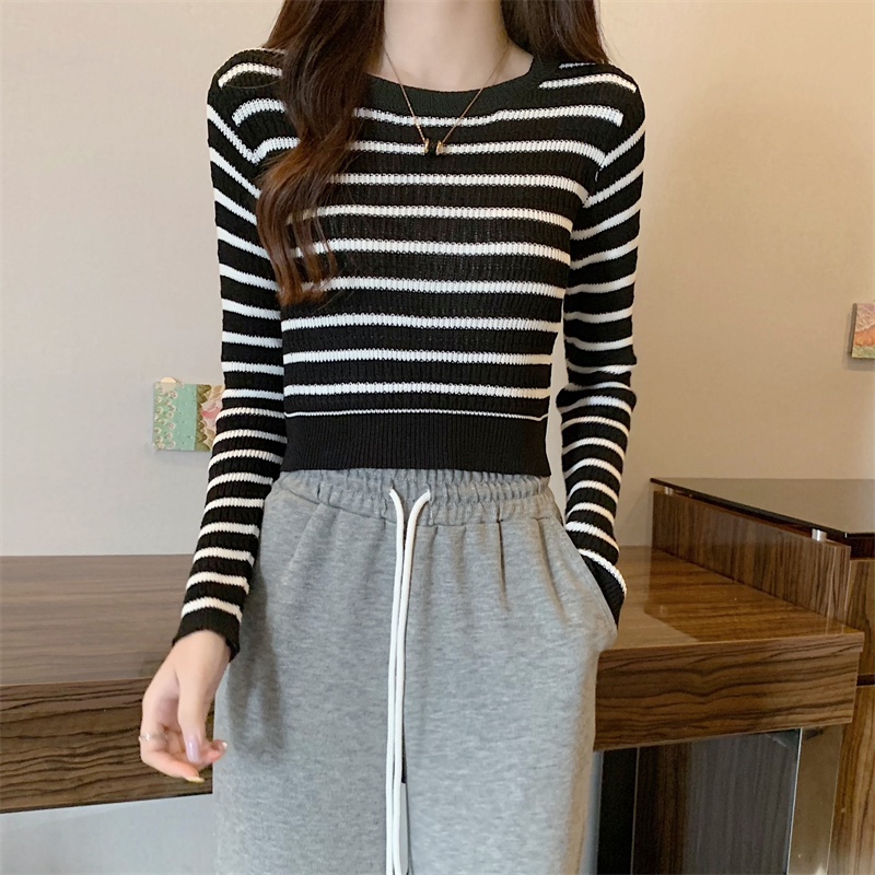 YIU YIU Rajut - Knitwear Stripe Top Korea Lengan Panjang Wanita