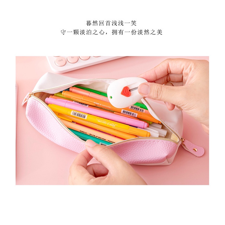 TP6 Kotak Pensil Tepak Lucu Leather PU Kartun Sekolah Korea pink creame putih alat tulis Tas Penyimpanan Kosmetik Sekolahan Kantoran wadah bolpen