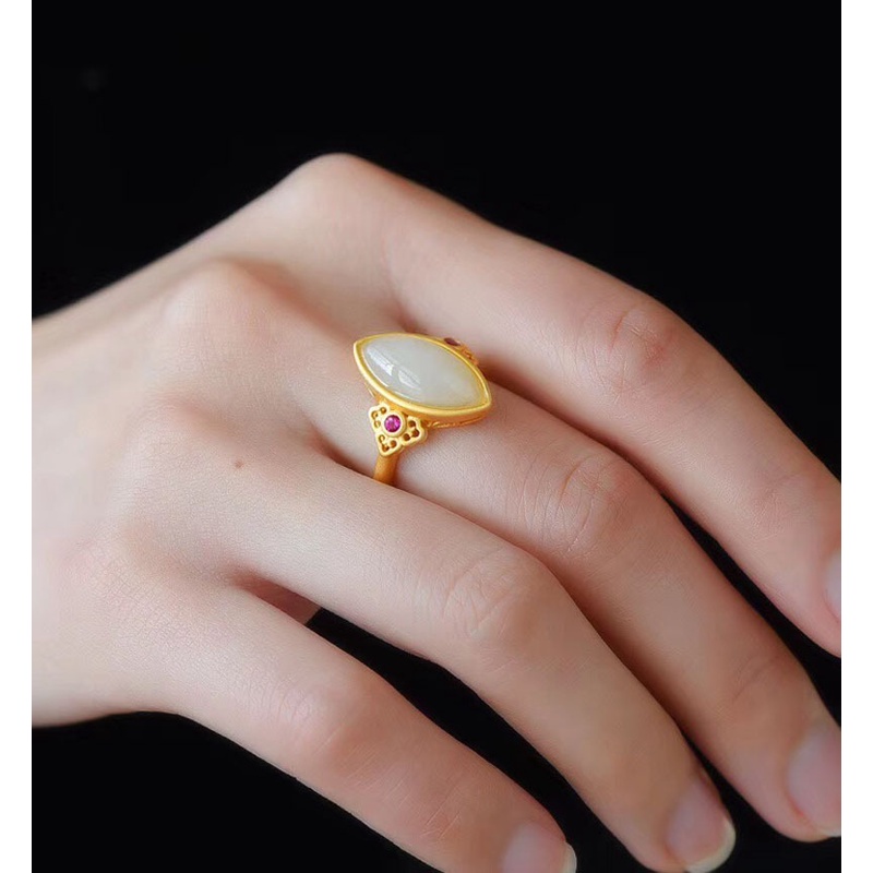 Goldkingdom Perhiasan Fashion 24K Bangkok Aksesoris Ready Stock Hetian Jade Cincin Giok Putih Jasper Cincin Berlapis S925 Perak Bertatahkan Emas Asli Kadar 375 Dengan Adjustable Frosted