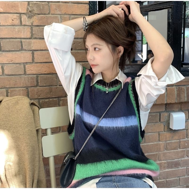 retro warna-blocking berlapis rompi luar rajutan sweater rompi + kemeja lengan panjang kasual all-ma
