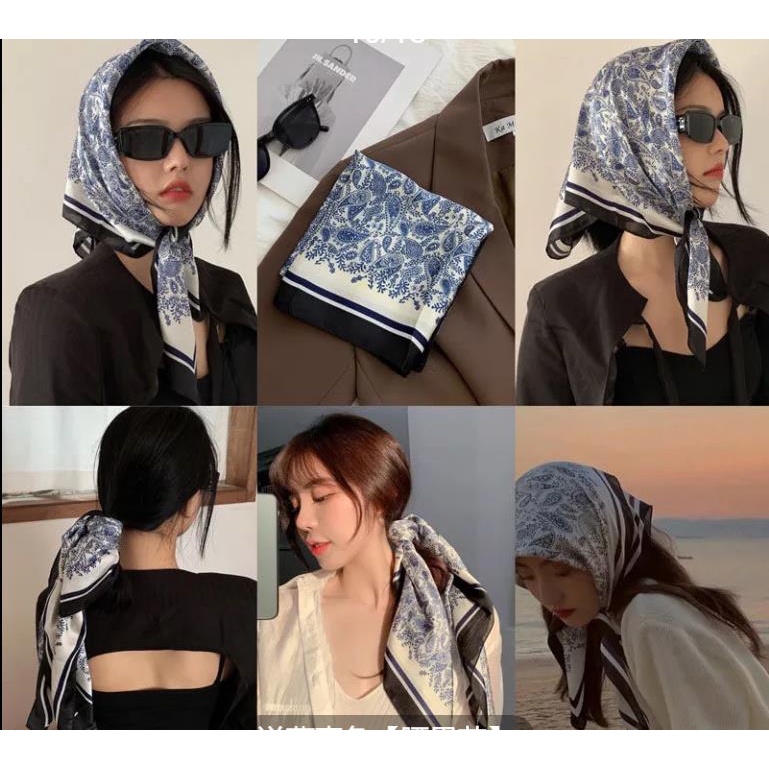 Syal Korea Aksesoris Wanita Retro Vintage Bahan Satin Sutra Elegan Ukuran Kecil Selendang Korea Fashion Syal Rambut -Doo