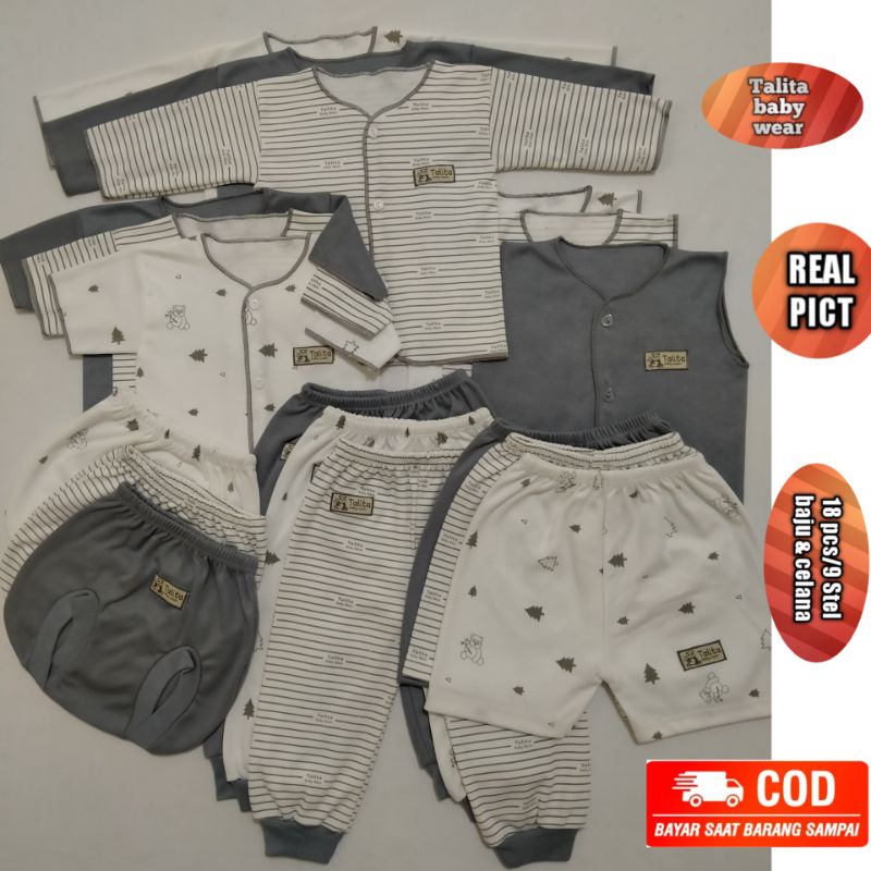 18 PCS Baju dan Celana Bayi Paket Hemat Hadiah Kado Lahiran 9 Stel Newborn Seri Abu talitababy