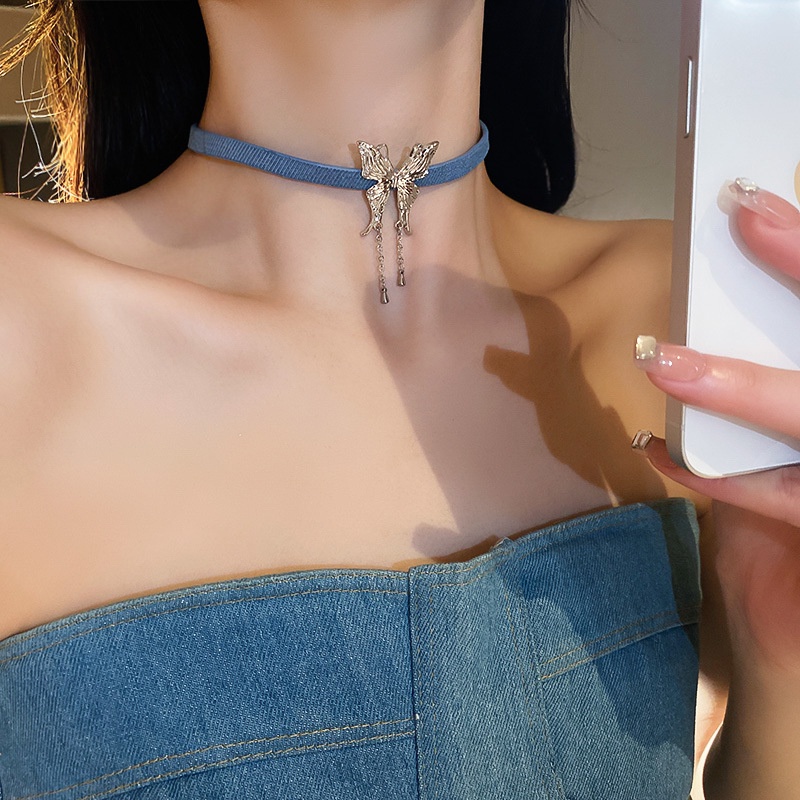 Mhang Kalung Choker Sexy Gaya Punk Bahan Kulit Aksen Kupu-Kupu + Rumbai Untuk Perhiasan Wanita Butterfly