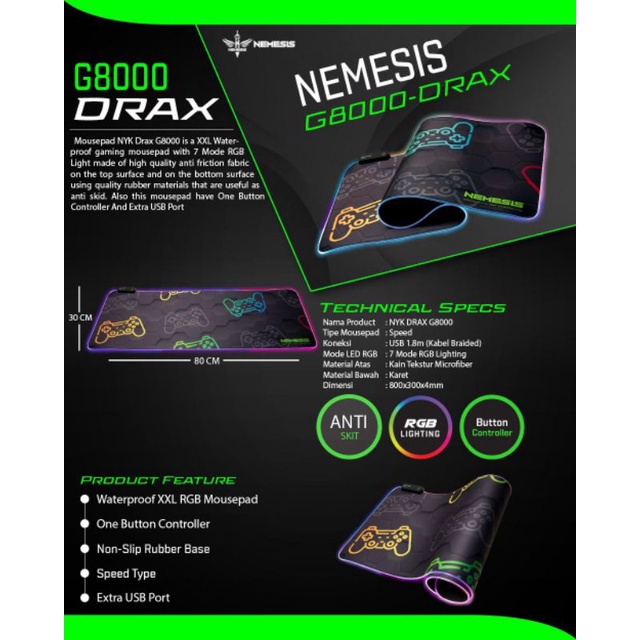 Mousepad Gaming nyk nemesis G8000 waterproof RGB light