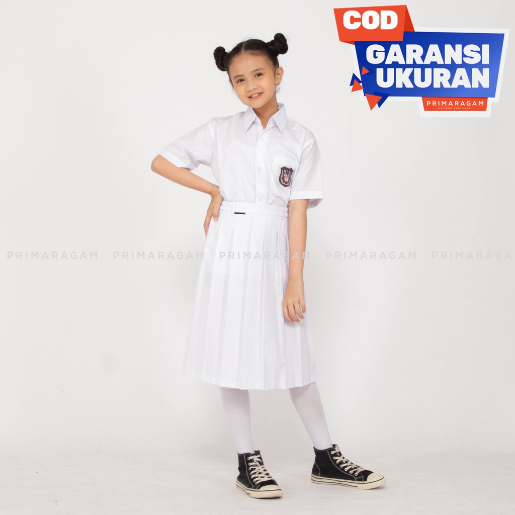Rok seragam sekolah sd putih pendek rempel lipit atas ban pinggang karet