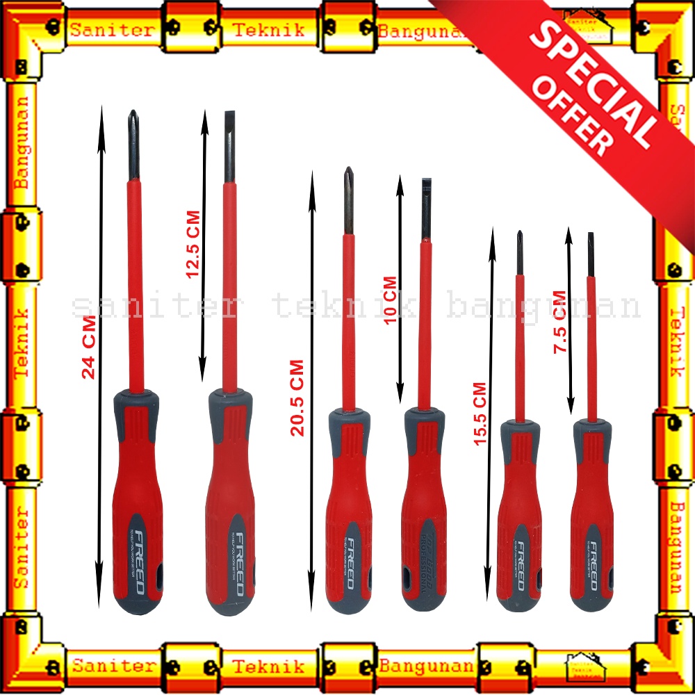 Obeng Listrik Set 6 Pcs Gagang Lapis Karet Freed Obeng Plus Minus