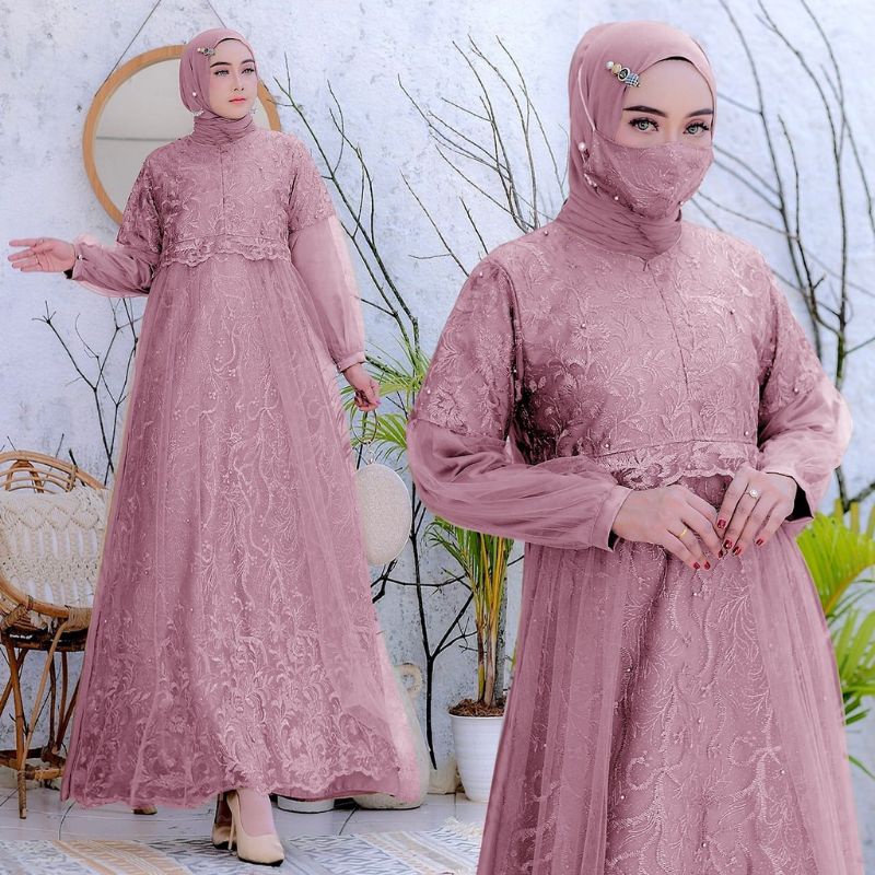 (NEW) SILVA - Baju Gamis BUSUI FREE Masker Brukat Brokat Tile Mutiara Remaja Wanita Perempuan Ibu Mu