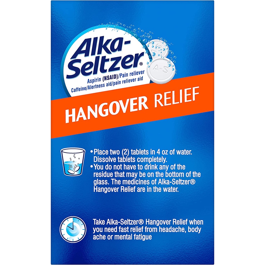 Alka Seltzer Hangover Fast Relief Headaches Body Fatigue Orange Fizz