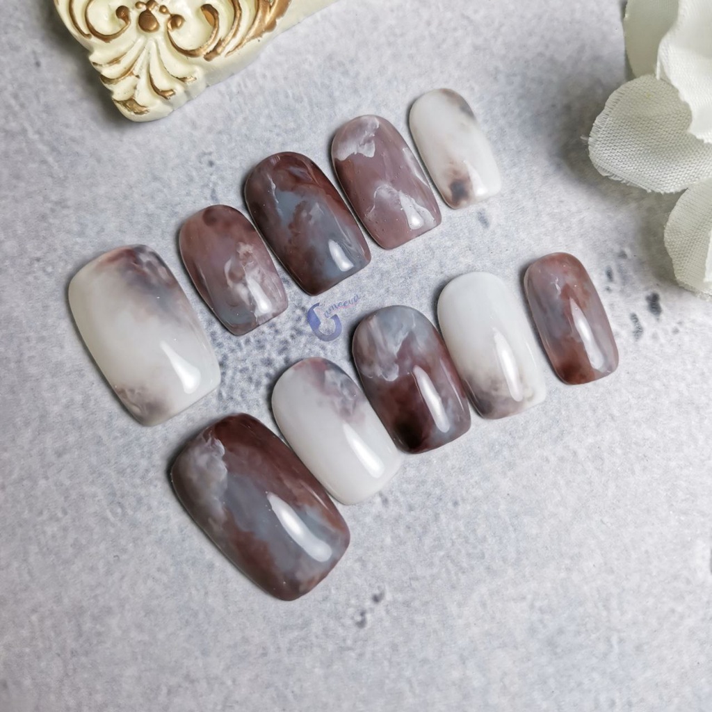 Custom Fake Nails Kuku Palsu Korean Marble Nail Art Press on Nails by Vanna Nails