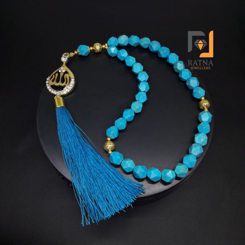 TASBIH BATU NATURAL HEXAGONAL PIRUS BIRU 10MM LAFADZH ALLAH 33 BUTIR