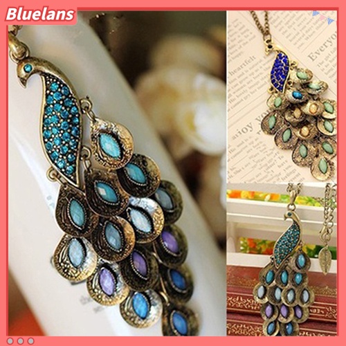 Bluelans Kalung Rantai Panjang Liontin Burung Merak Bahan Alloy Aksen Berlian Imitasi Gaya Vintage Untuk Wanita