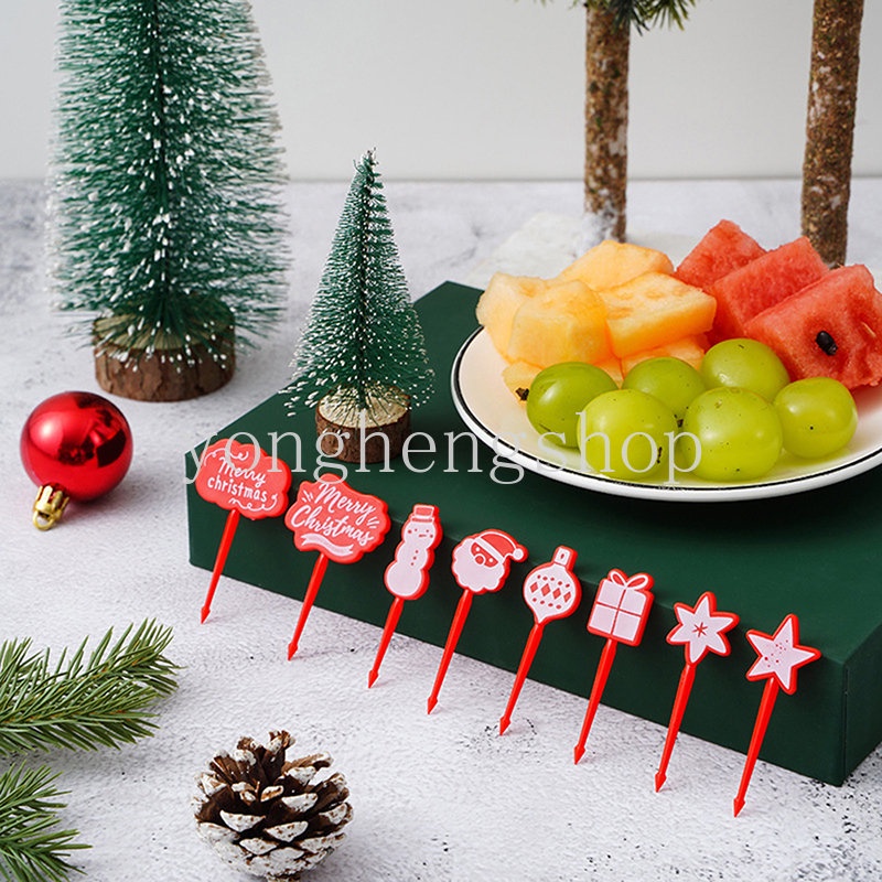 8pcs / set Garpu Buah / Dessert / Kue / Bento Mini Motif Kartun Natal Untuk Dekorasi Pesta