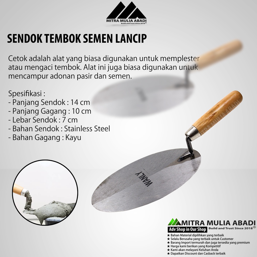 Sendok Semen Tembok 7inch 15cm Sendok Semen Pelur Gagang Kayu