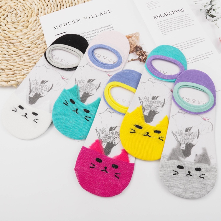 (COD) Wanita Kaus kaki kristal transparan modis kaos kaki pola kucing Lucu Socks 09S