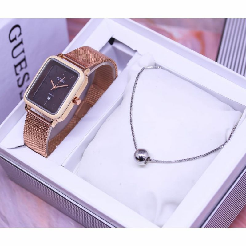 Jam Tangan Guess Wanita Free Kalung Kasual Formal Wanita Bisa COD