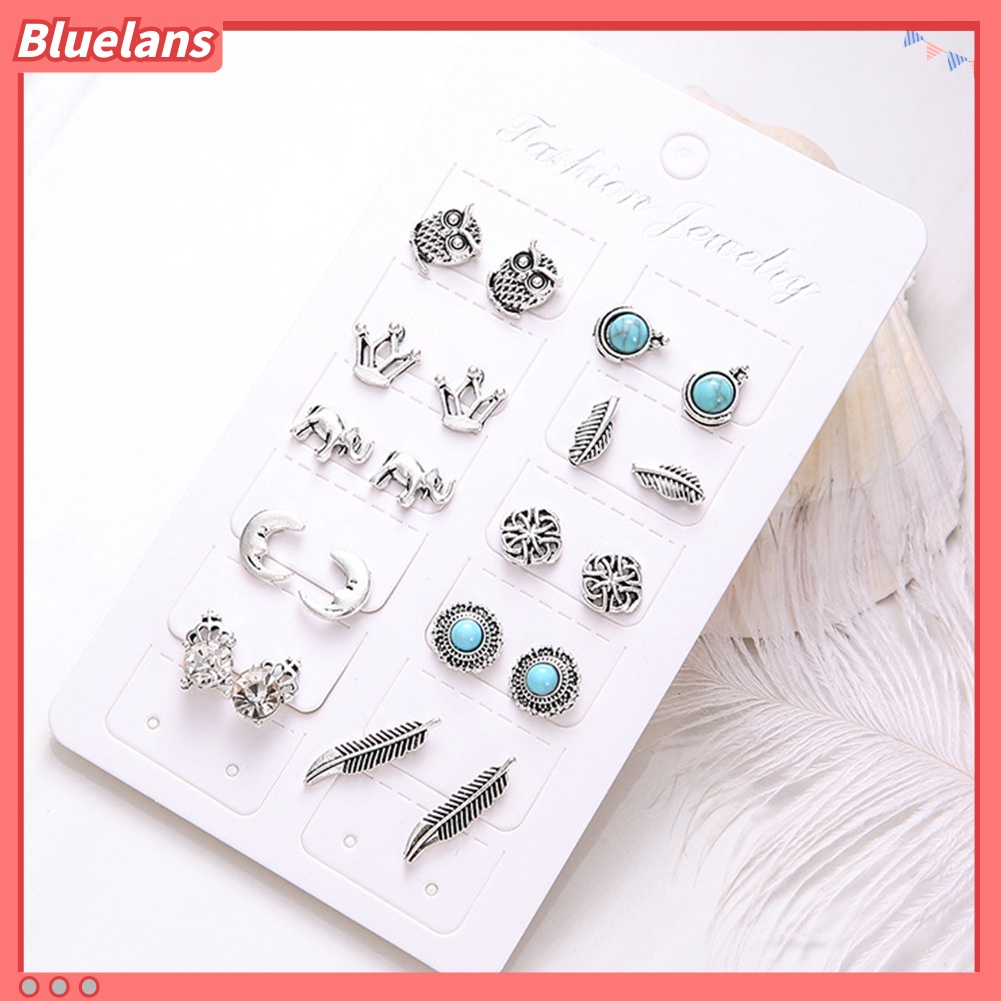 Bluelans 10 Pairs Women Rhinestone Crown Elephant Owl Leaf Ear Studs Earrings Jewelry