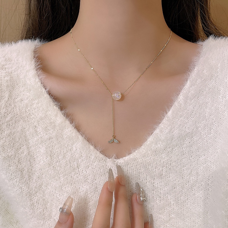 Kalung Choker Bahan Titanium steel Dengan Liontin Bola Kristal Rumbai Panjang