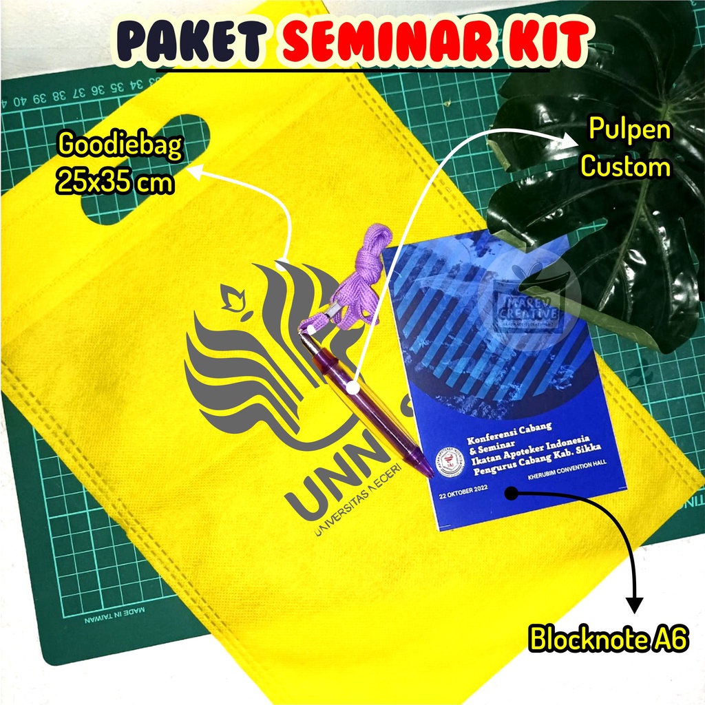 Paket Seminar Kit Custom : Tas (25x35cm); Bolpoin Custom ; Block Note A6 Custom