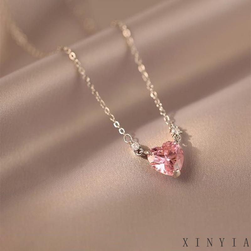 【Bayar di tempat】Kalung Rantai Klavikula Liontin Hati Bintang Bahan Zirkon Warna Pink Untuk Wanita