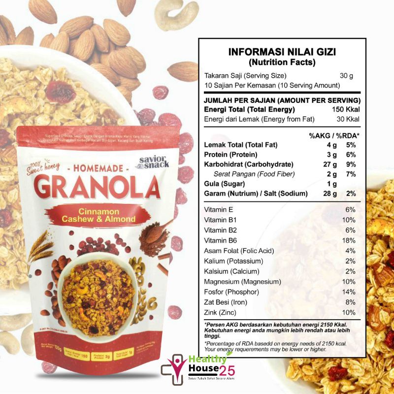 GRANOLA CRUNCHY CINNAMON CASHEW ALMOND - SEREAL MAKANAN SEHAT SARAPAN PRAKTIS BERGIZI TINGGI NUTRISI BAHAN ORGANIK ALAMI TANPA PENGAWET - HIGH QUALITY - SAVIOR SNACK - GRANOLA SWEET HONEY 120g