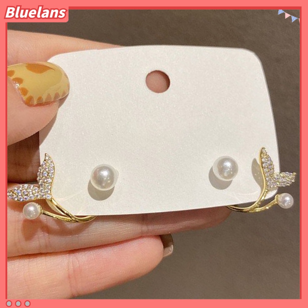 Bluelans 1 Pasang Anting Stud Desain Ekor Ikan Aksen Mutiara Tiruan Tahan Lama Untuk Harian