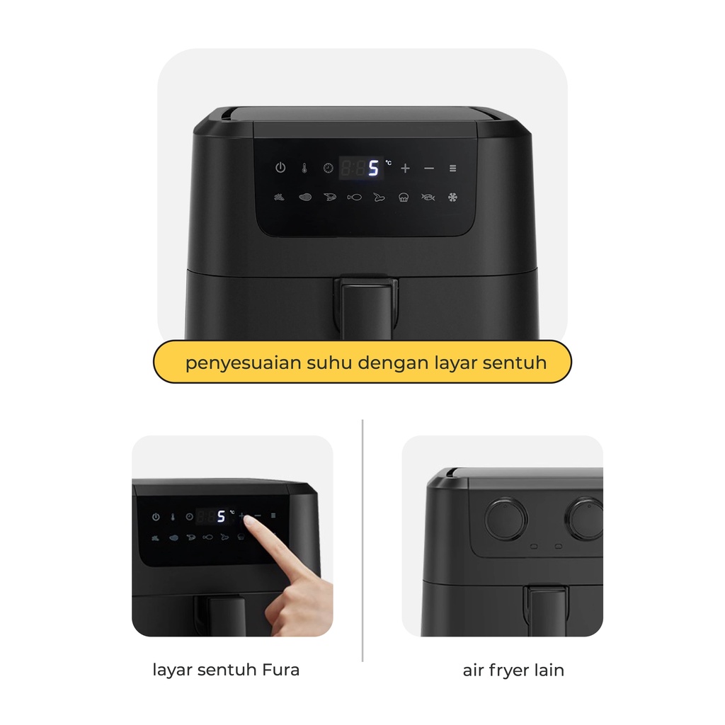 【IKONE】FURA OLAYKS Air Fryer 5L Low Power Low Watt Mesin Pengorengan Tanpa Minyak Anti Lengket Aesthetic Minimalist Modern Compact Digital Air Fryer Pelengkapan Dapur Alat Dapur Alat Masak Goreng Tanpa Minyak Perlengkapan Rumah Kitchen