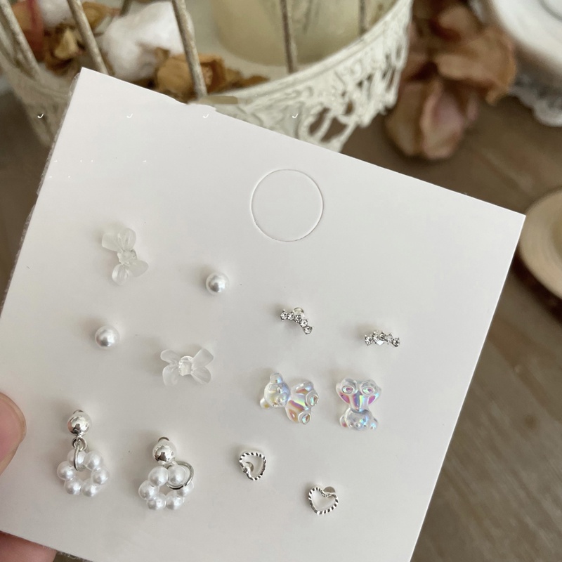 6 Pasang / Set Anting Tusuk Silver S925 Wanita Desain Hati / Bunga / Pita / Beruang Hollow Hias Mutiara