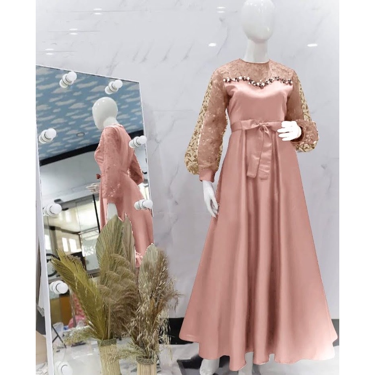 ELDE 12 - MAXI DRESS MILA MAXY ( L - XL - XXL ) BAHAN VELVET FULL DEPAN BELAKANG LAPIS TILE MUTIARA DAN APLIKASI MUTIARA TEMBAK, SLETING BELAKANG DAN TALI IKAT NEMPEL KIRI DAN KANAN
