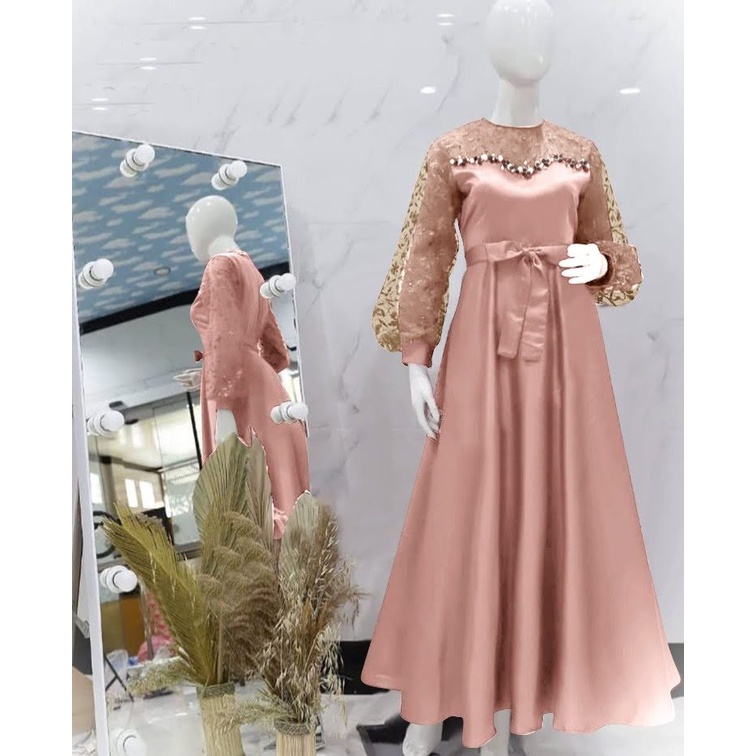 ELDE 12 - MAXI DRESS MILA MAXY ( L - XL - XXL ) BAHAN VELVET FULL DEPAN BELAKANG LAPIS TILE MUTIARA DAN APLIKASI MUTIARA TEMBAK, SLETING BELAKANG DAN TALI IKAT NEMPEL KIRI DAN KANAN