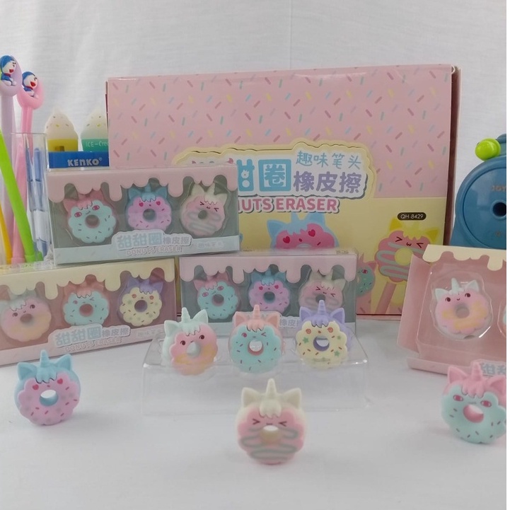 PENGHAPUS FANCY DONUT UNICORN 1 BOX ISI 3 PCS IMUT LUCU HARGA TERMURAH STIP ERASER HAPUSAN KARAKTER DESERT DONAT WARNA CANTIK KUALITAS TERJAMIN BISA GROSIR DAN COD