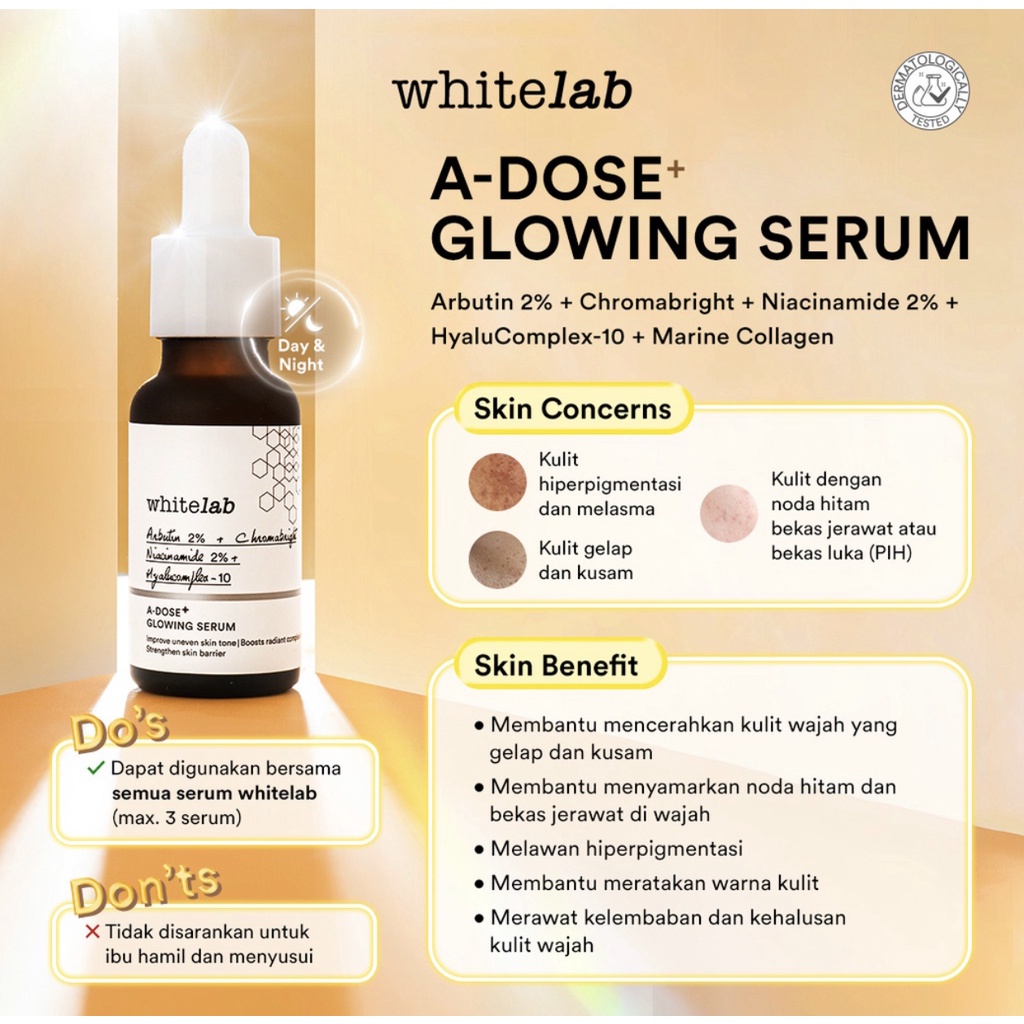 Whitelab A-Dose+ Glowing Serum - Serum Arbutin Pencerah Pemutih Wajah Atasi Noda / Flek Hitam Dark Spot Bekas Jerawat