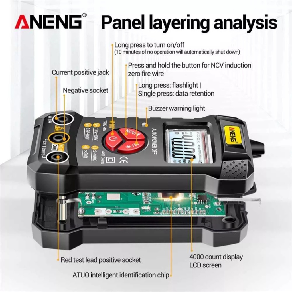 Multimeter Digital AC/DC Voltage Tester NCV Multimeter Digital LCD RMS, Pengukur Arus Tegangan DMM DC AC, Pengukur Kapasitansi Dioda Resistensi, Pengukuran Polaritas Otomatis Ammeter Voltmeter Ohm